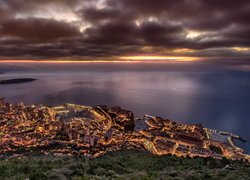 Morze Śródziemne, Zachód słońca, Domy, Oświetlone, Monako