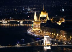 Noc, Rzeka Dunaj, Most, Parlament, Budapeszt, Węgry, Miasto nocą