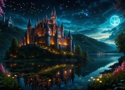Oświetlony bajkowy zamek na jeziorze i księżyc na niebie