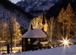 Góry, Tatry, Noc, Światła, Zima, Drzewa, Kościół, Jaworzyna Tatrzańska, Słowacja