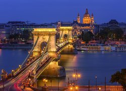 Węgry, Budapeszt, Noc, Rzeka, Dunaj, Most łańcuchowy, Oświetlenie