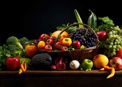 Owoce i warzywa w koszu i obok