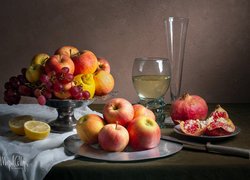 Owoce, Patera, Talerze, Jabłka, Winogrona, Cytryny, Granaty, Kompozycja