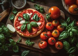 Pizza z pomidorami i liśćmi bazylii