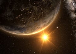 Planeta Ziemia w kosmosie oświetlona słońcem