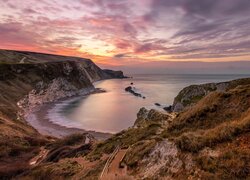 Morze, Wybrzeże, Zatoka, Plaża, Man OWar Beach, Zachód słońca, Chmury, Hrabstwo Dorset, Anglia