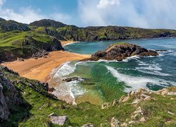 Morze, Wybrzeże, Plaża, Murder Hole Beach, Skały, Roślinność, Półwysep Rosguill, Hrabstwo Donegal, Irlandia