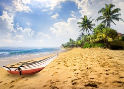 Sri Lanka, Lato, Plaża, Łódka, Palmy, Domki, Morze