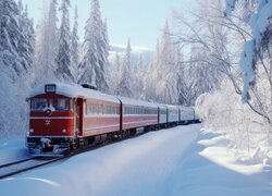 Pociąg osobowy w zimowym lesie