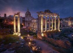 Włochy, Rzym, Ruiny, Forum Romanum, Świątynia Saturna, Noc, Światła