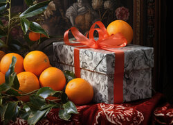 Pomarańcze z liśćmi obok prezentu z kokardą