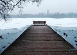 Jezioro Maschsee, Hanower, Niemcy, Zima, Pomost, Ławka