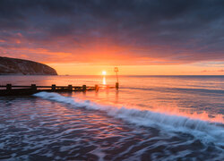 Wschód słońca, Morze, Fala, Pomost, Wybrzeże, Swanage, Dorset, Anglia