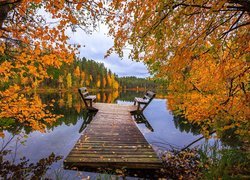 Jezioro, Jesień, Drzewa, Pomost, Ławki, Liście