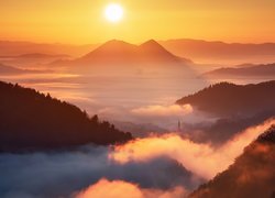 Góry, Dolina, Mgła, Wschód słońca, Kościół, Słowenia