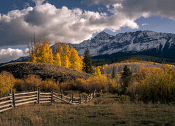 Jesień, Pożółkłe, Drzewa, Ogrodzenie, Góry, San Juan Mountains, Chmury, Kolorado, Stany Zjednoczone