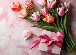 Kwiaty, Bukiet, Tulipany, Prezent, Różowa, Kokarda