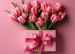 Bukiet, Kwiaty, Różowe, Tulipany, Kokarda, Prezent, Tło