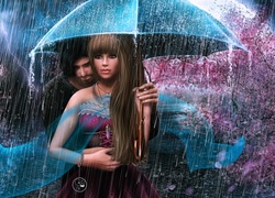 Przytulona para pod parasolem w deszczu