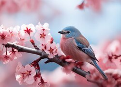 Ptak na ukwieconej różowymi kwiatkami gałązce
