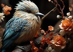 Ptak siedzący na grubej ukwieconej gałęzi