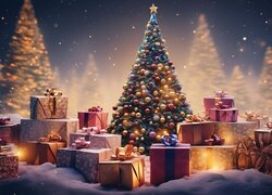 Boże Narodzenie, Zima, Choinka, Prezenty, Grafika