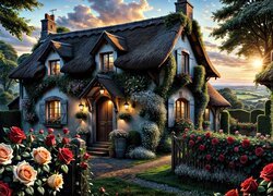 Różany ogród i oświetlony dom