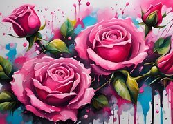 Różowe róże z liśćmi w malarstwie