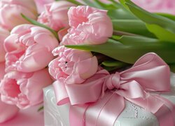 Różowe tulipany na białym prezencie z różową kokardą