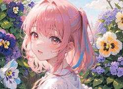 Dziewczyna, Spojrzenie, Kwiaty, Lato, Anime