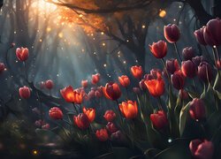 Czerwone, Tulipany, Kwiaty, Las, 2D