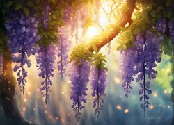 Rozświetlone zwisające kwiaty wisterii