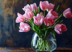 Kwiaty, Różowe, Tulipany, Bukiet, Wazon