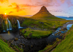 Półwysep Snaefellsnes, Góra, Kirkjufell, Wodospady, Zachód słońca, Promienie słońca, Islandia