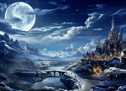 Noc, Zima, Góry, Zamek, Rzeka, Księżyc, Chmury, Most, Paintography