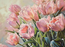 Rozwinięte blado-różowe tulipany w malarstwie