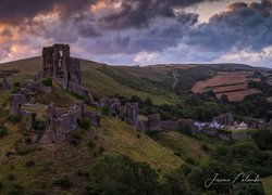 Wschód słońca, Wzgórza, Ruiny, Zamek Corfe, Anglia