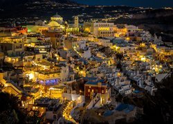 Grecja, Santorini, Noc, Domy, Miasto nocą