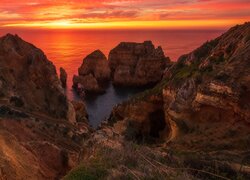 Portugalia, Algarve, Morze, Skały, Zachód słońca
