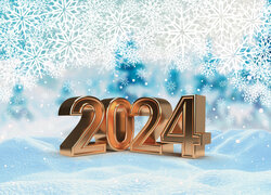 Nowy Rok, Cyfry, Data 2024, Śnieg, Śnieżynki