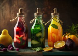 Soki z owocami w butelkach w 2D