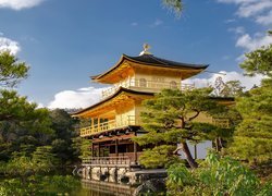 Świątynia Kinkaku-ji, Rokuon-ji, Złoty Pawilon, Drzewa, Staw Kyko chi, Kioto, Japonia