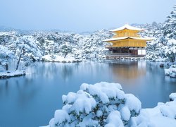 Zima, Świątynia Kinkakuji, Złoty Pawilon, Staw Kyko chi, Drzewa, Kioto, Japonia