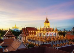 Tajlandia, Bangkok, Świątynia, Wat Ratchantdarm, Wieczór, Oświetlenia, Niebo