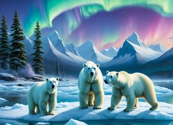 Trzy niedźwiedzie polarne na lodowej krze