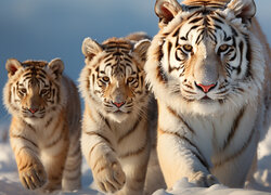 Trzy tygrysy idące po śniegu