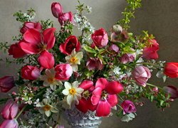 Kwiaty, Bukiet, Tulipany, Narcyzy, Ciemierniki