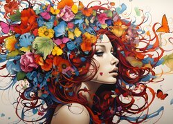 Grafika, Kobieta, Twarz, Kolorowe, Kwiaty
