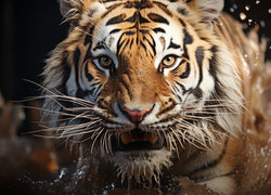Tygrys bengalski w wodzie na czarnym tle