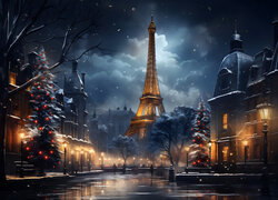 Udekorowana świątecznie ulica w Paryżu z widokiem na oświetloną wieżę Eiffla